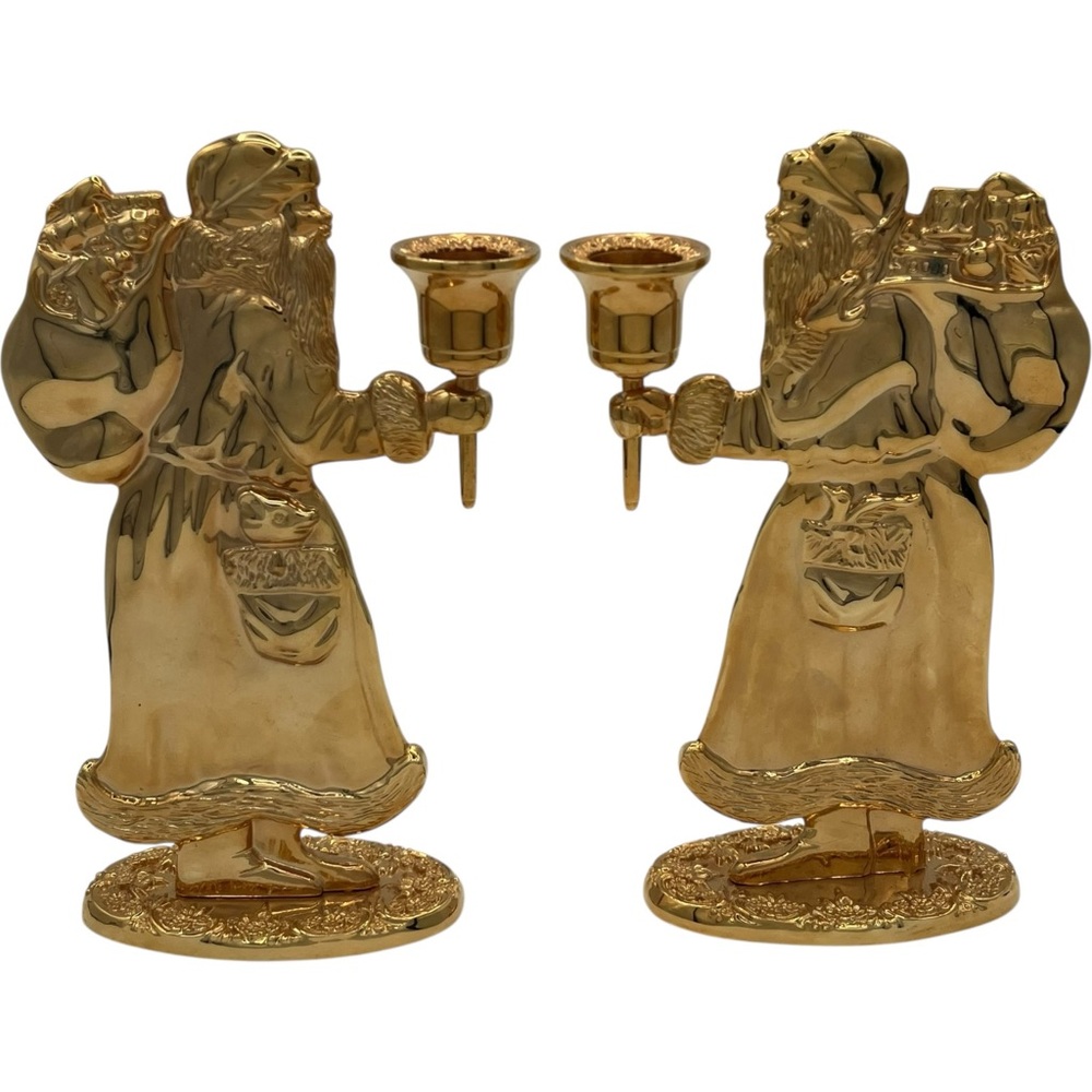 Vintage Pair Gold Plated Christmas Santa Candle Holder Figurines Holiday Decor